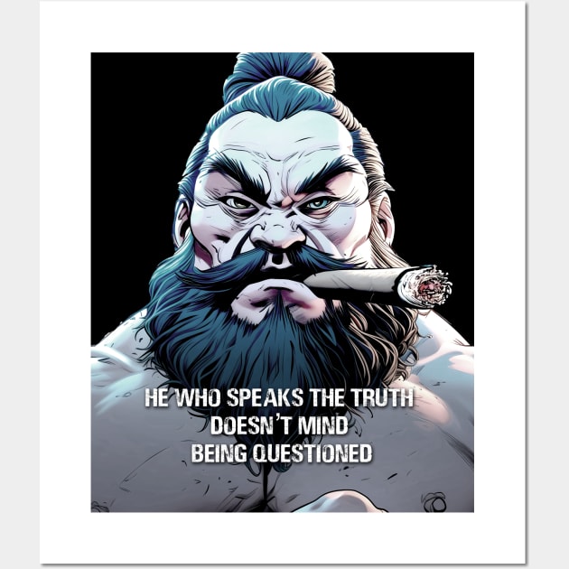 Puff Sumo: He who speaks the truth doesn’t mind being questioned on a dark (Knocked Out) background Wall Art by Puff Sumo